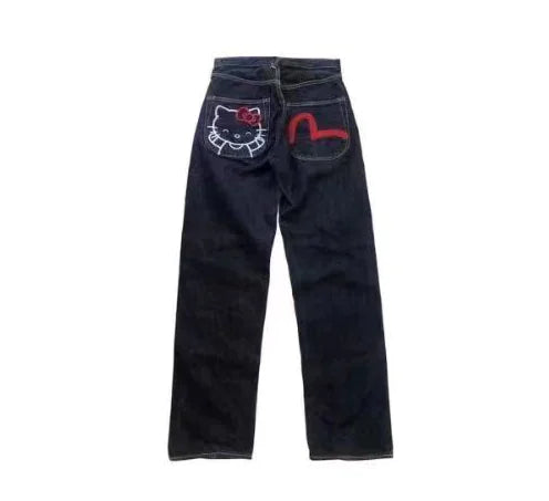 Y2K Graphic Jeans with Kitty Cat Print Wide Leg